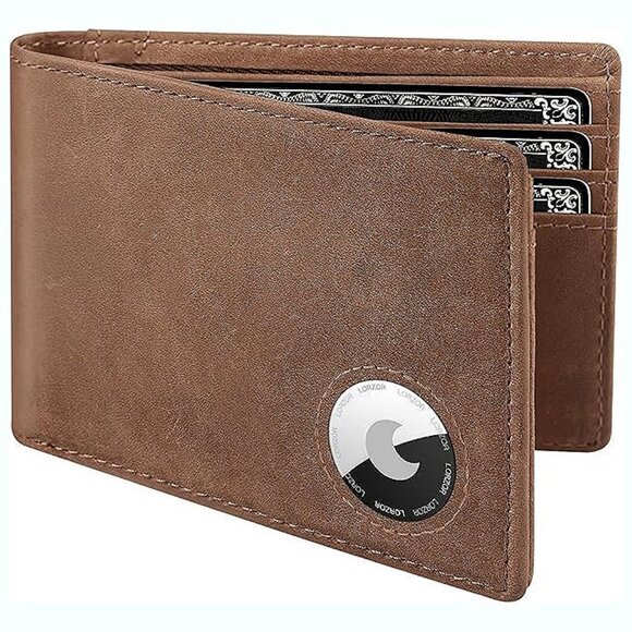 Mens Wallet for Apple AirTag, Bifold Full Grain Leather , Retro Brown-a